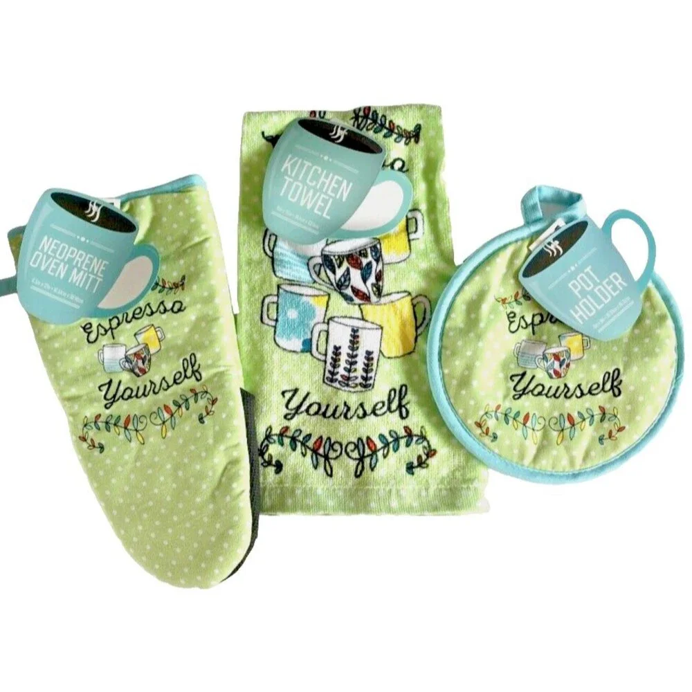 Expresso Yourself Coffee Themed Set of 3 Dish Towel Potholder Oven Mitt Lime